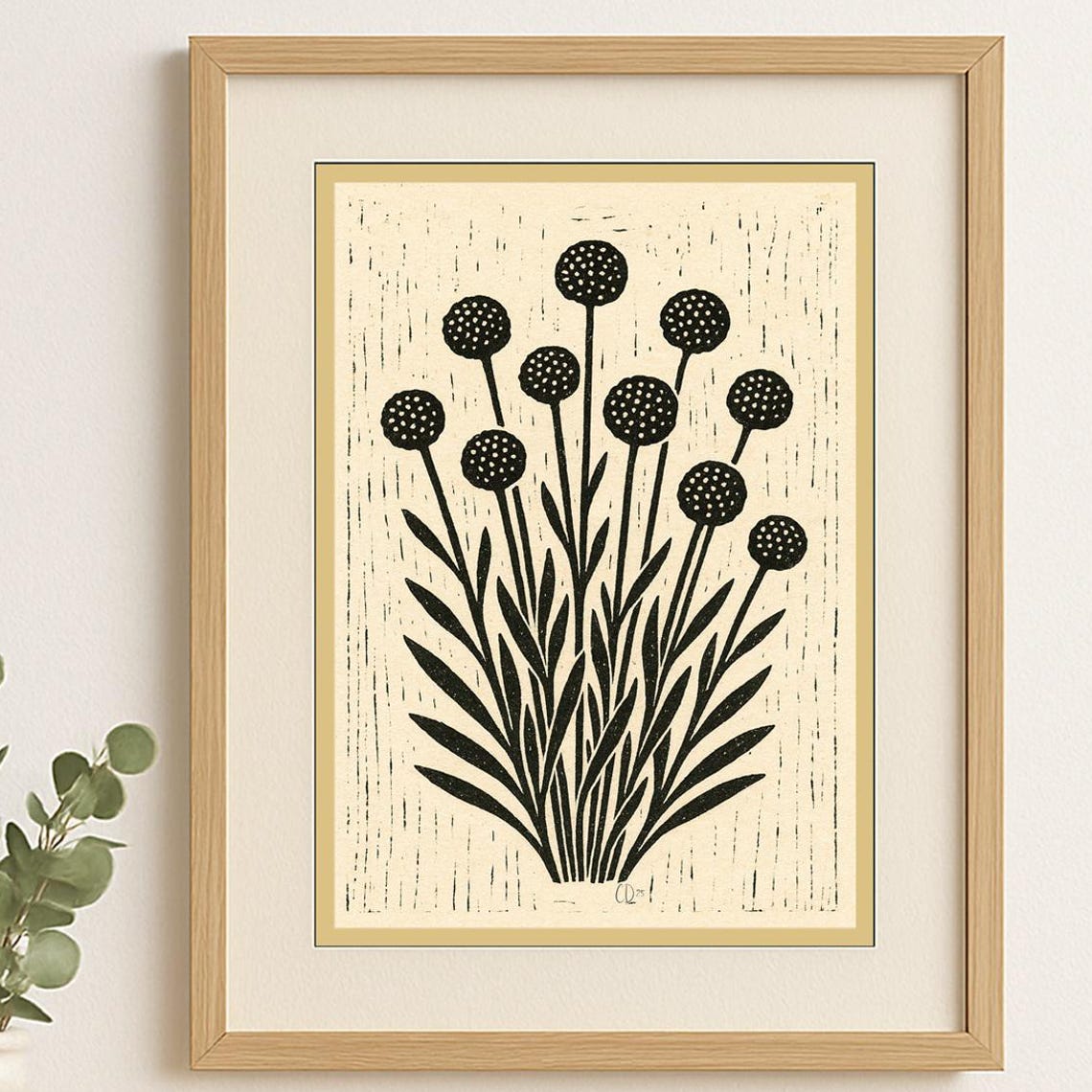 Billy Buttons Botanical Linocut Rustic Floral Minimalist Poster
