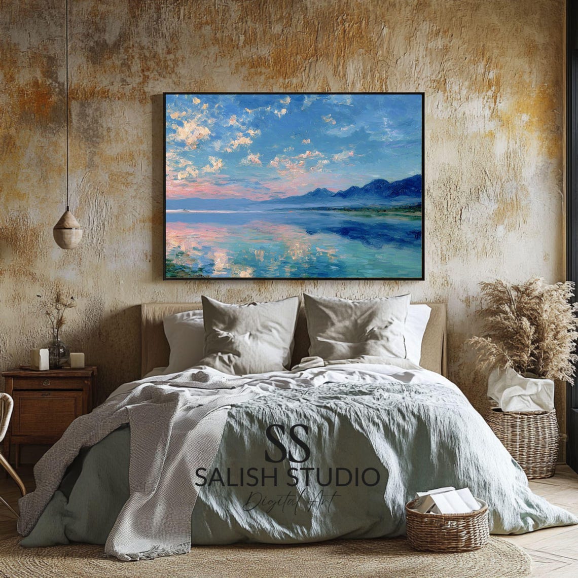 Impressionist Mountain Lake Pink Sunrise Pastel Seascape Art Poster