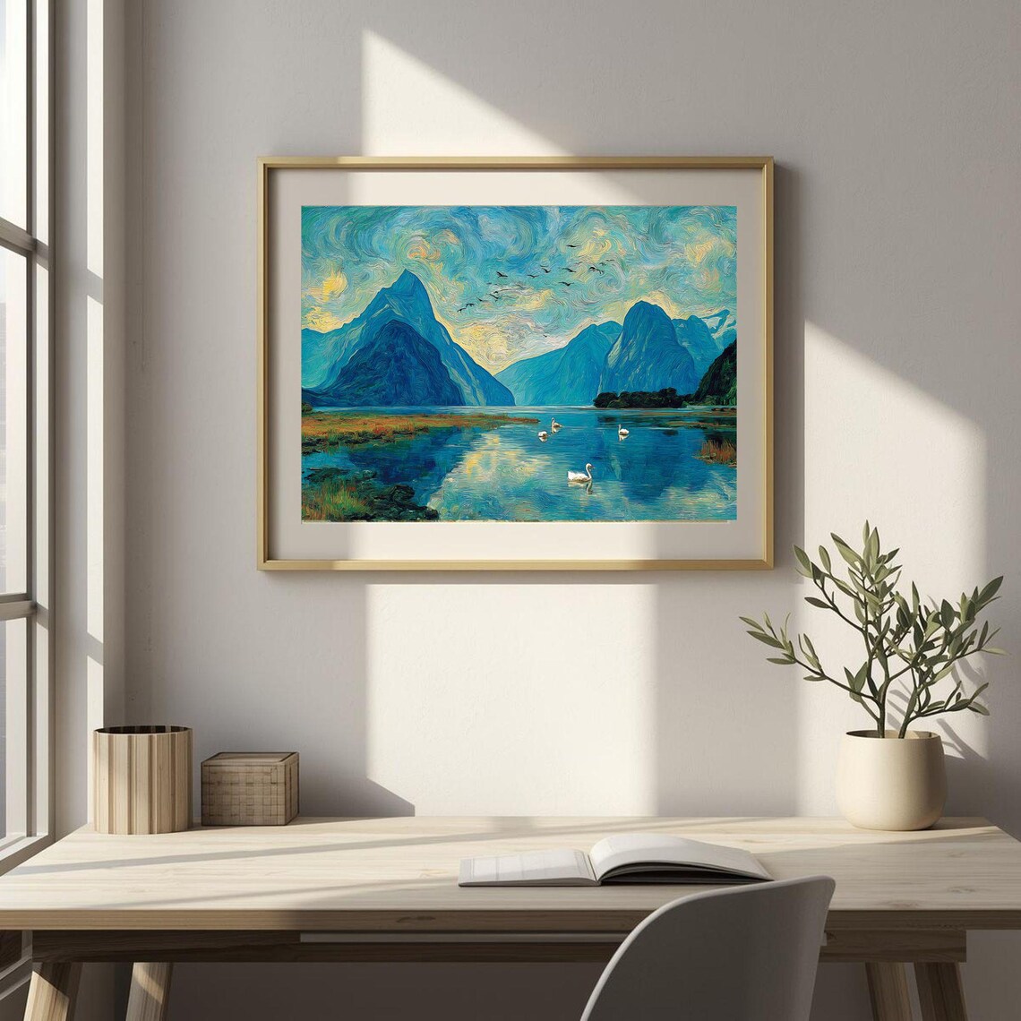 Milford Sound Fjord Mountains Lake Swans Oil Style Landscape Print