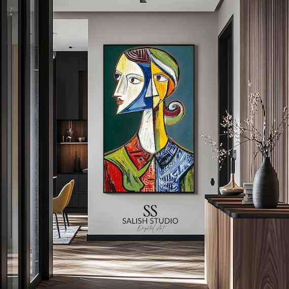 Midcentury Cubist Woman Portrait Poster in Yellow Blue and Green Tones