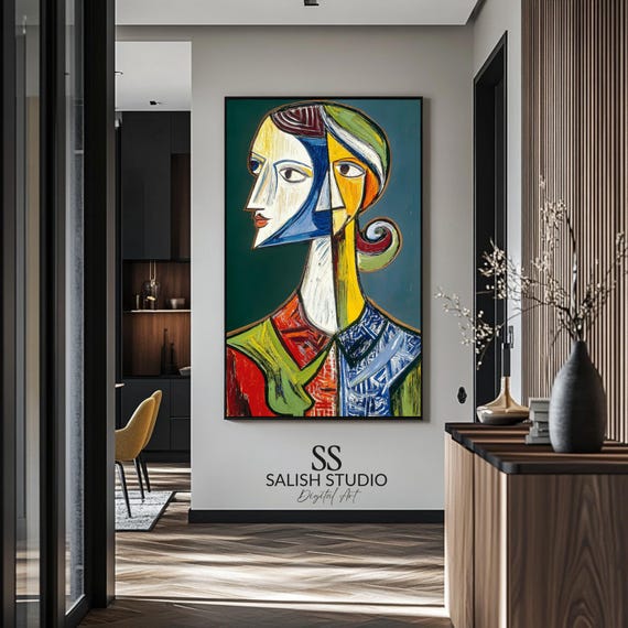 Midcentury Modern Cubist Woman Portrait Abstract Geometric Art
