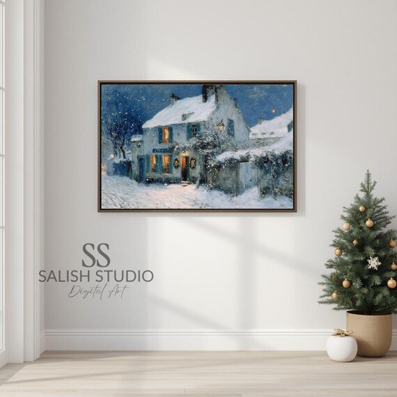 Snowy Cottage Christmas Night Glowing Windows Winter Art Poster