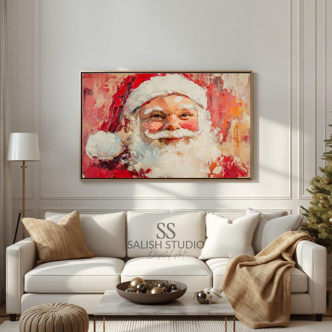 Vintage Smiling Santa Claus Portrait Painting Festive Christmas Holiday Wall Art