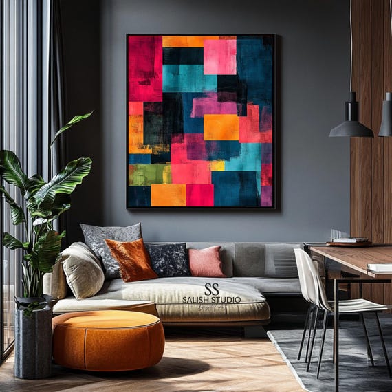 Modern Geometric Abstract Wall Art Vibrant Contemporary Painting Bold Midcentury Decor Statement Colorful 486