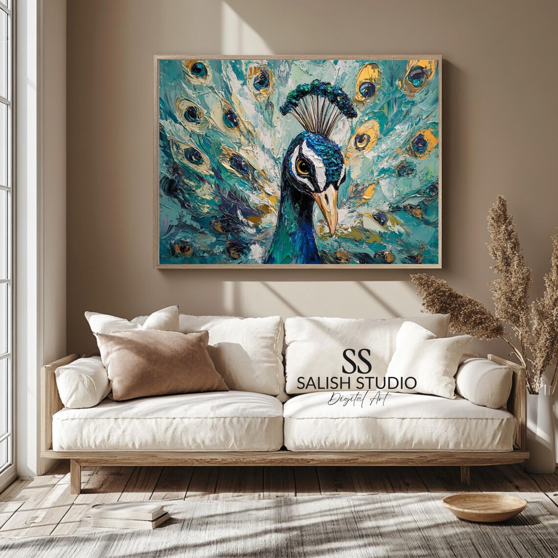 Majestic Peacock Turquoise Feather Oil Painting Style Poster