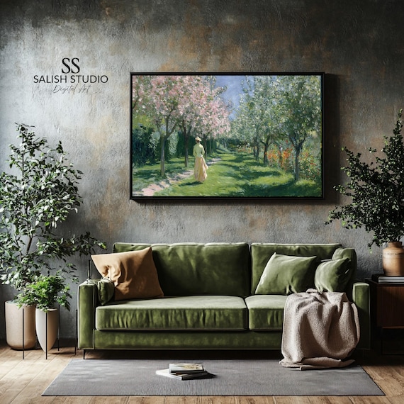 Woman in Yellow Dress Among Blossoming Orchard Spring Art Poster