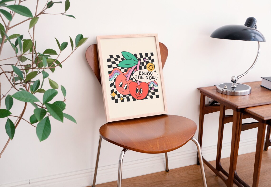 Enjoy The Now Happy Cherries Retro Cartoon Groovy Quote Poster - Image 3