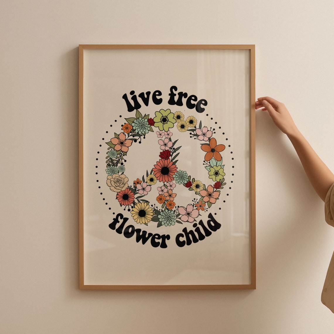 Live Free Flower Child Floral Peace Sign Retro Hippie Poster