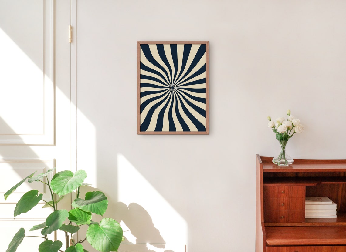 Navy Cream Retro Sunburst Swirl Optical Illusion Abstract Art Print - Image 2