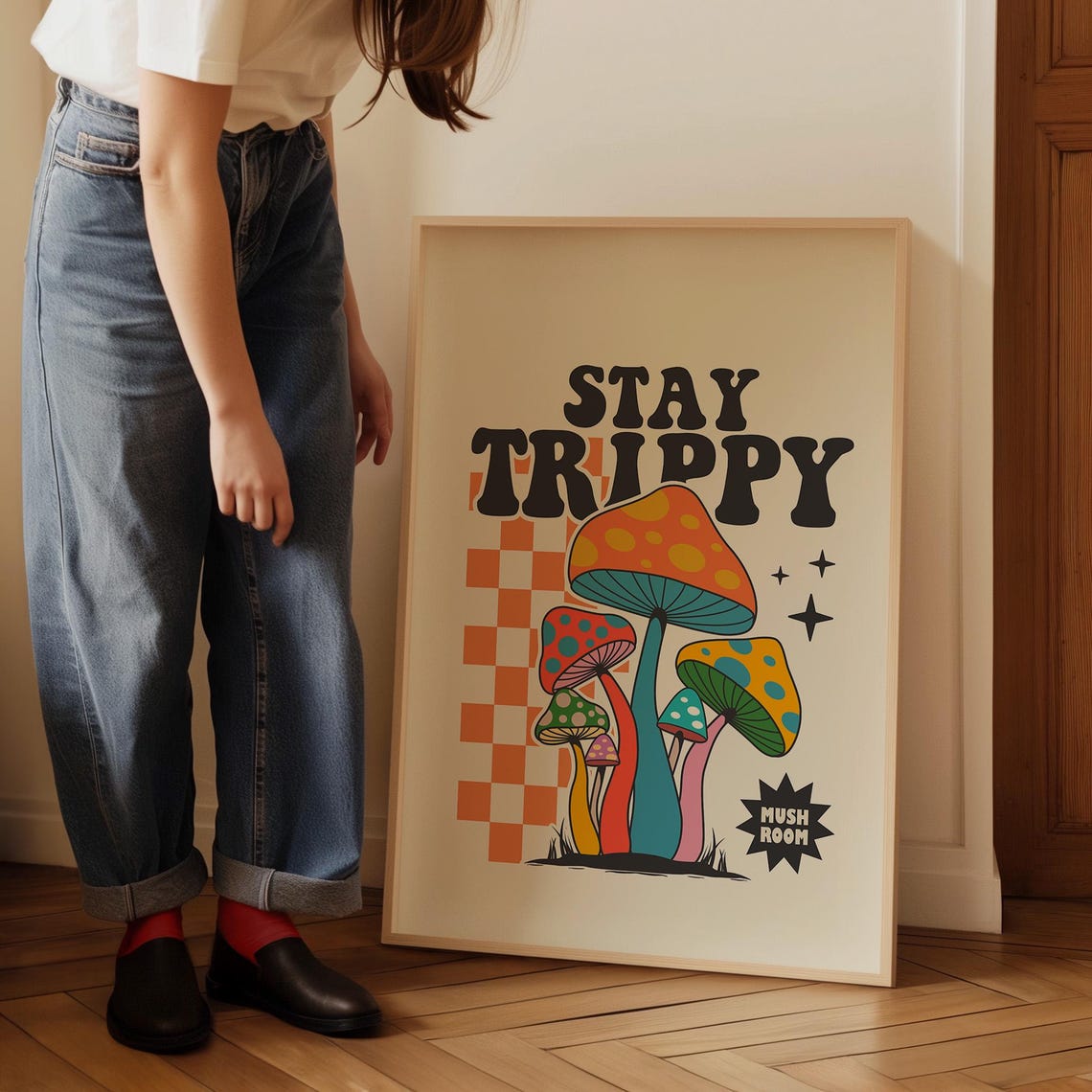 Stay Trippy Funny Retro Mushroom Checkered Psychedelic Art Poster - Image 3