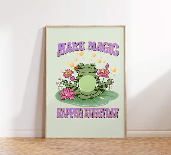 Make Magic Happen Everyday Meditating Frog Retro Groovy Poster