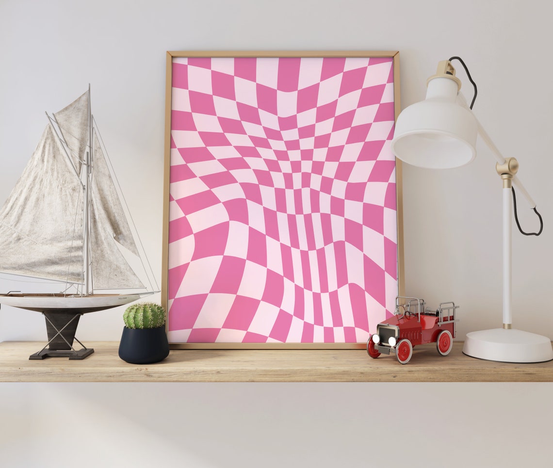 Pink Wavy Checkered Retro Poster Y2K Trippy Optical Illusion Decor - Image 2