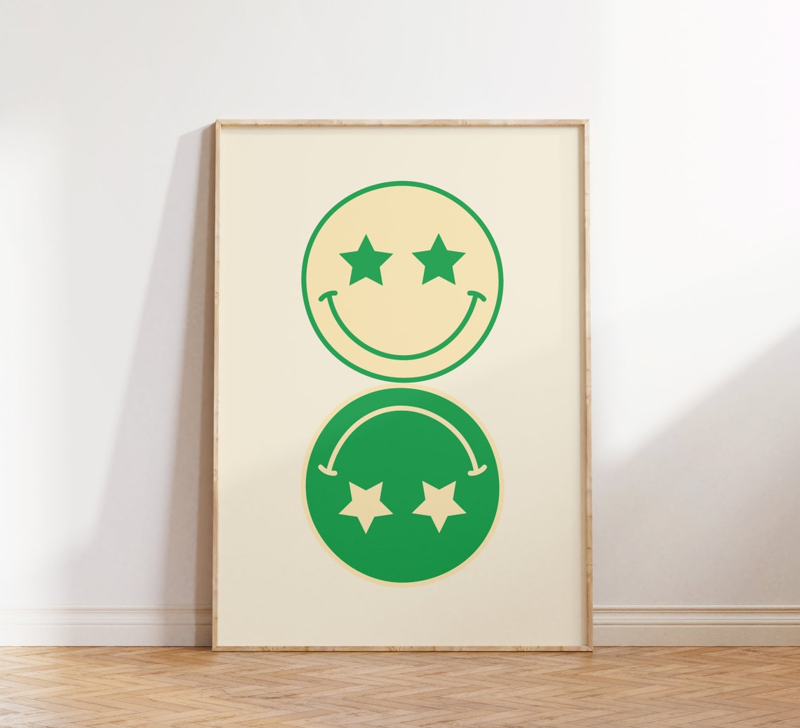 Green Star Eyes Smiley Faces Retro Groovy Positive Art Print - Image 2