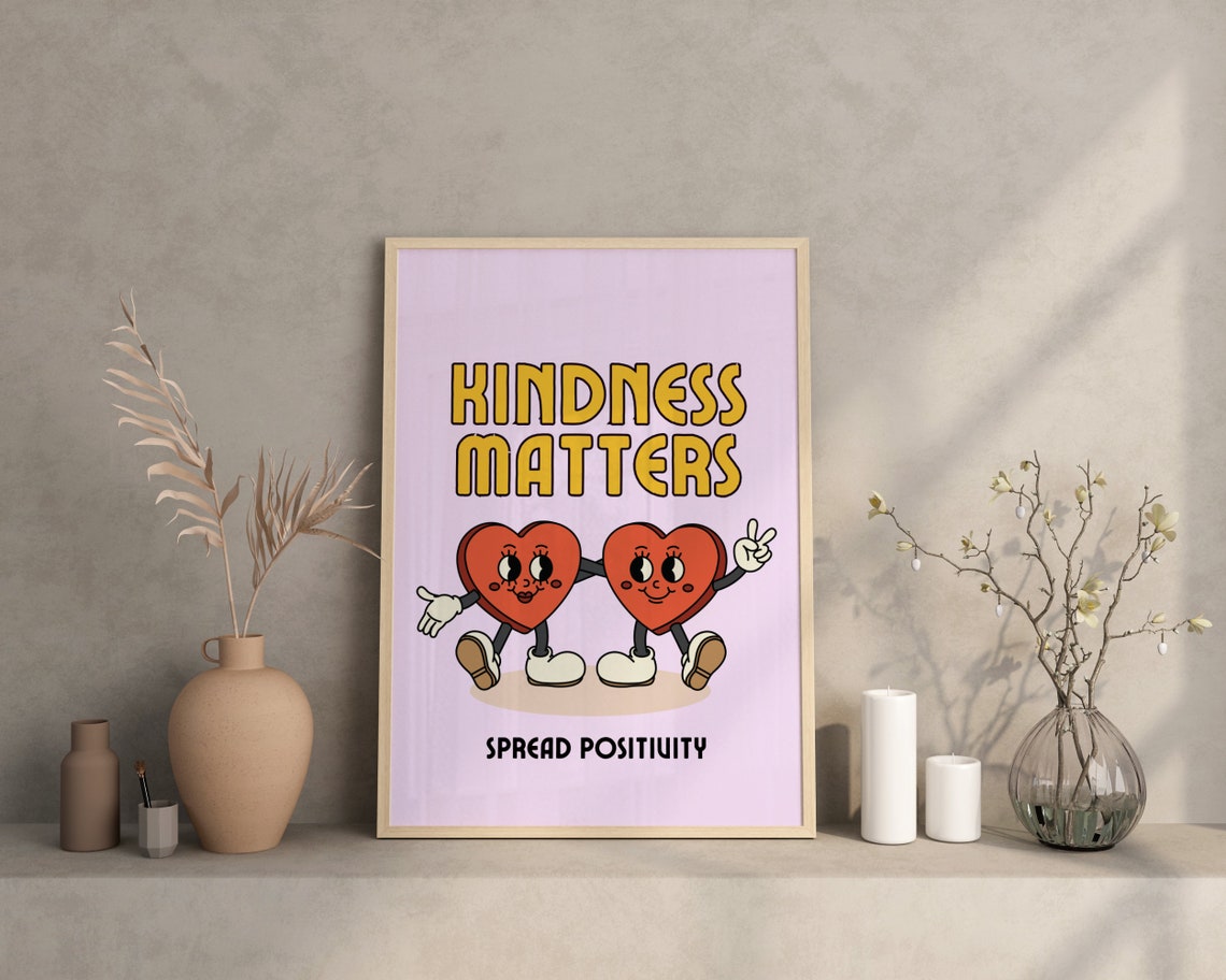 Kindness Matters Retro Cartoon Hearts Positivity Quote Poster - Image 3