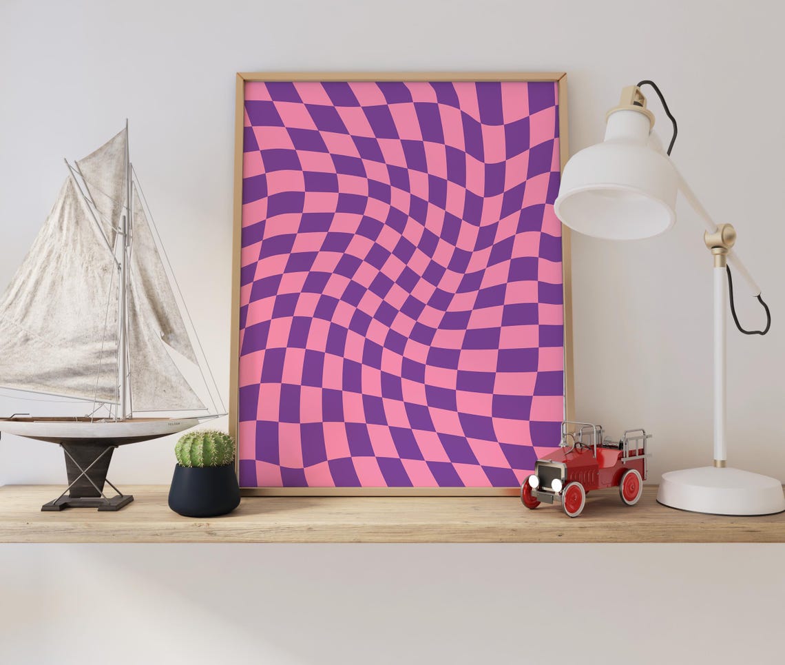Wavy Checkerboard Pattern Bold Purple Pink Retro Abstract Poster - Image 3