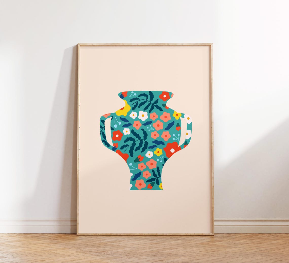 Floral Pattern Teal Vase Retro Botanical Still Life Art Poster - Image 4