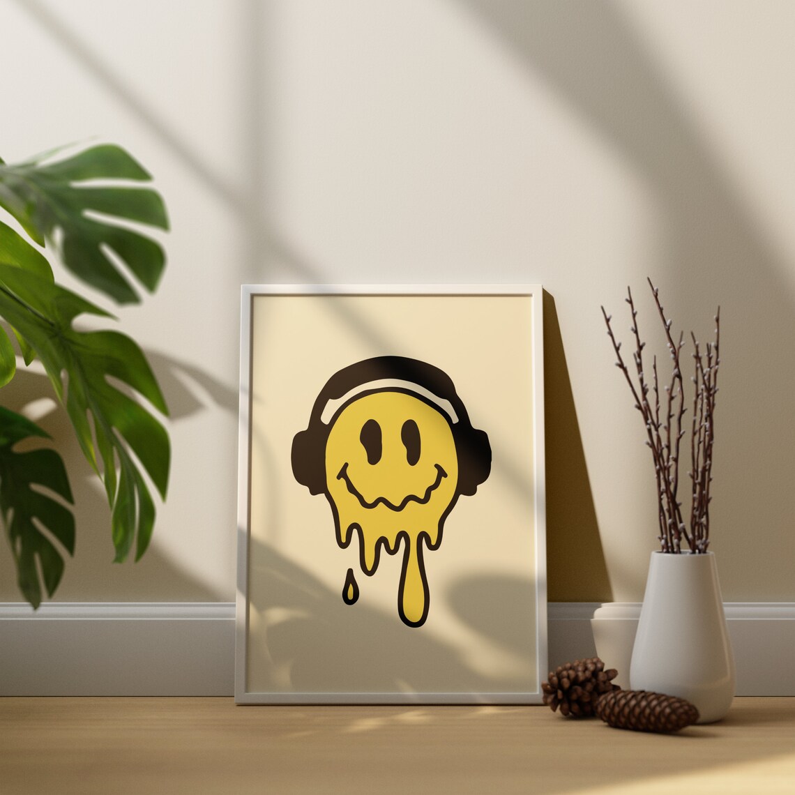 Melting Smiley Face Headphones Yellow Retro Groovy Art Print - Image 4