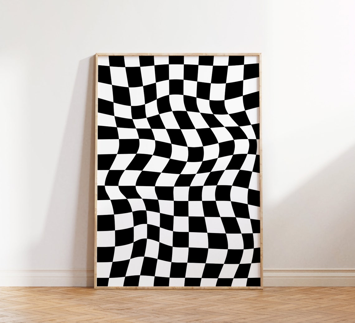 Wavy Black White Checkerboard Pattern Bold Retro Optical Poster
