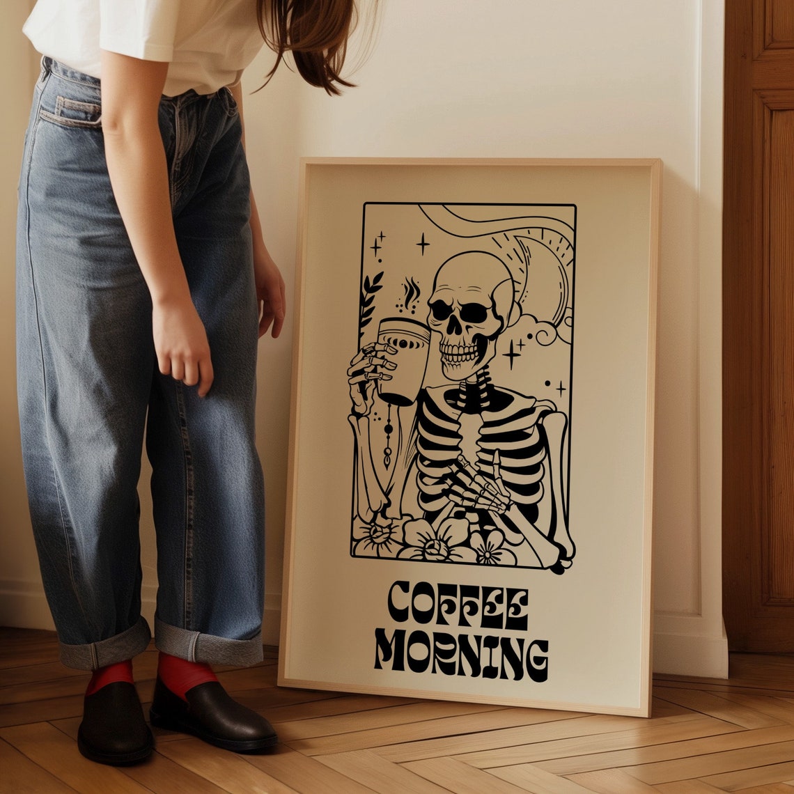 Coffee Morning Skeleton Tarot Style Black Cream Retro Poster - Image 2