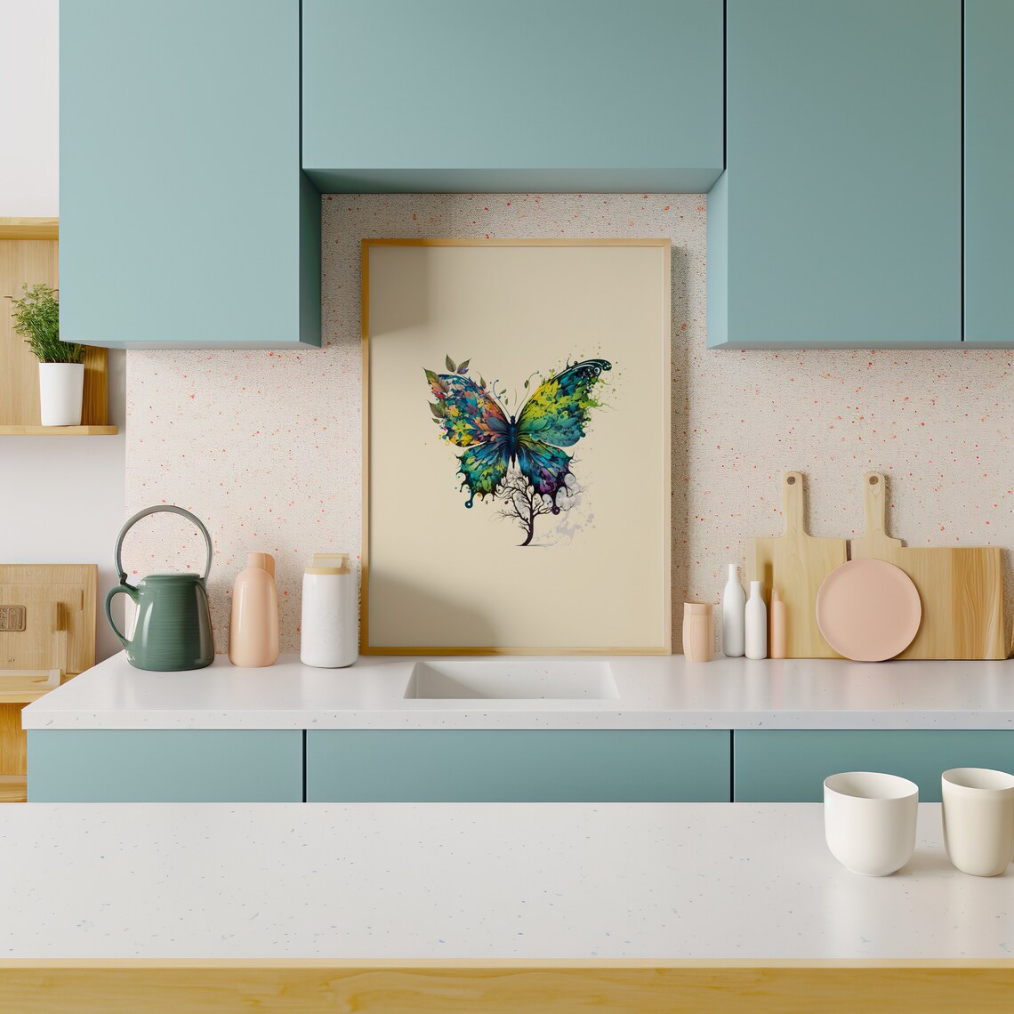 Colorful Watercolor Butterfly Blue Green Nature Floral Art Poster - Image 4