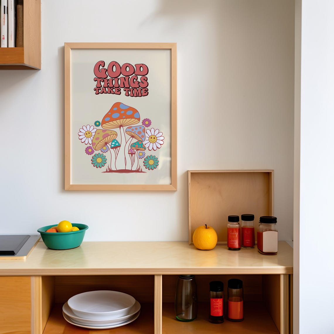 Good Things Take Time Retro Mushroom Daisy Groovy Quote Poster - Image 3