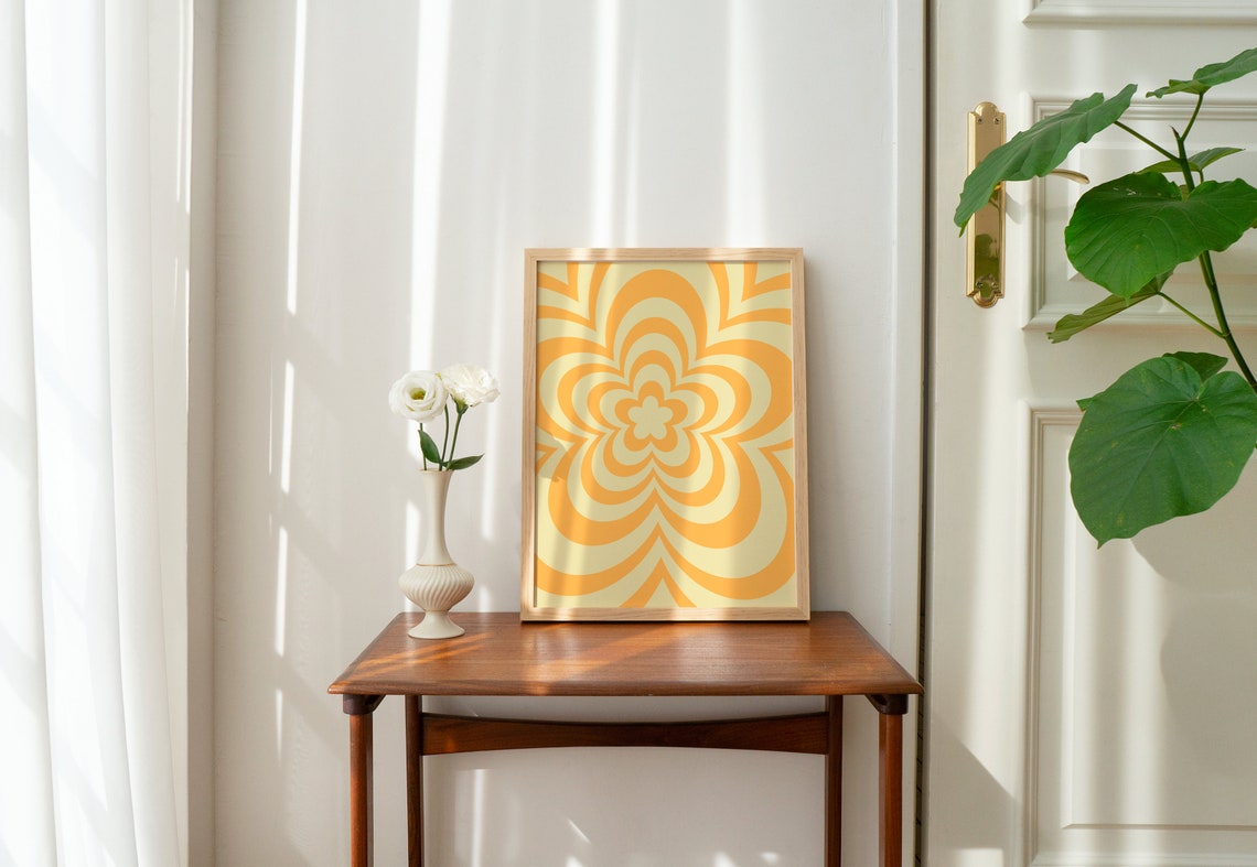 Retro Yellow Groovy Flower Psychedelic 70s Optical Art Poster - Image 2