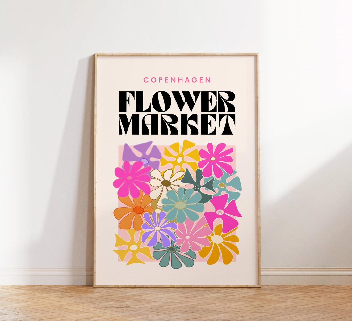 Copenhagen Flower Market Bold Black Danish Retro Floral Poster