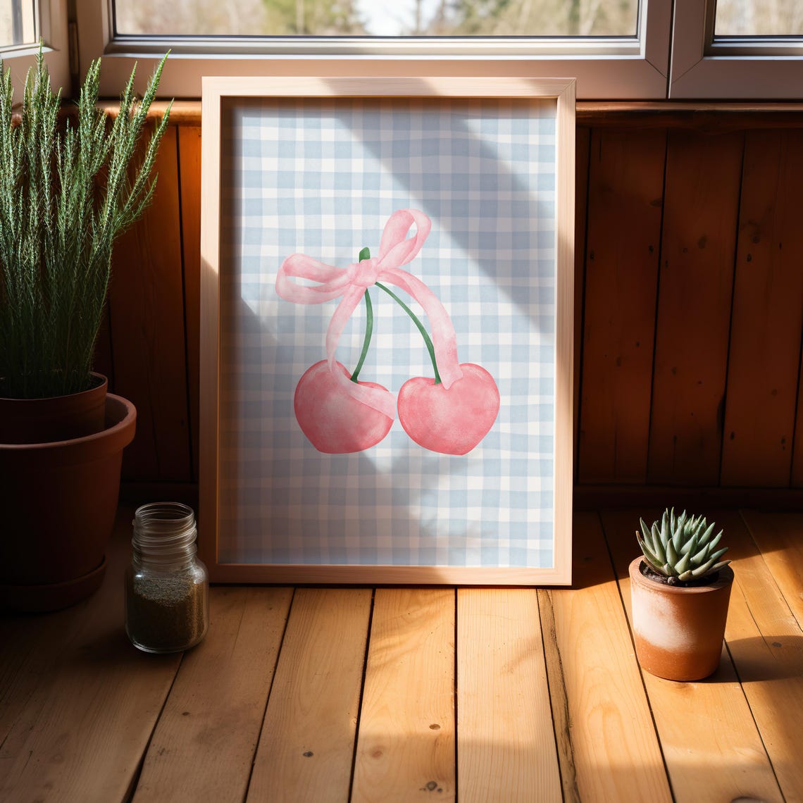Pink Cherry Bow Blue Gingham Check Coquette Kitchen Art Print - Image 2