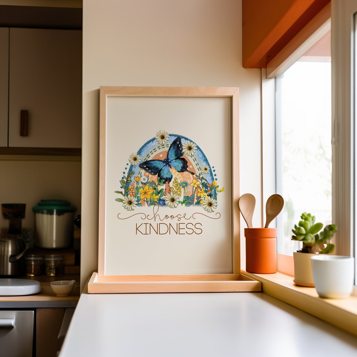 Choose Kindness Rainbow Butterfly Floral Boho Quote Wall Art - Image 3