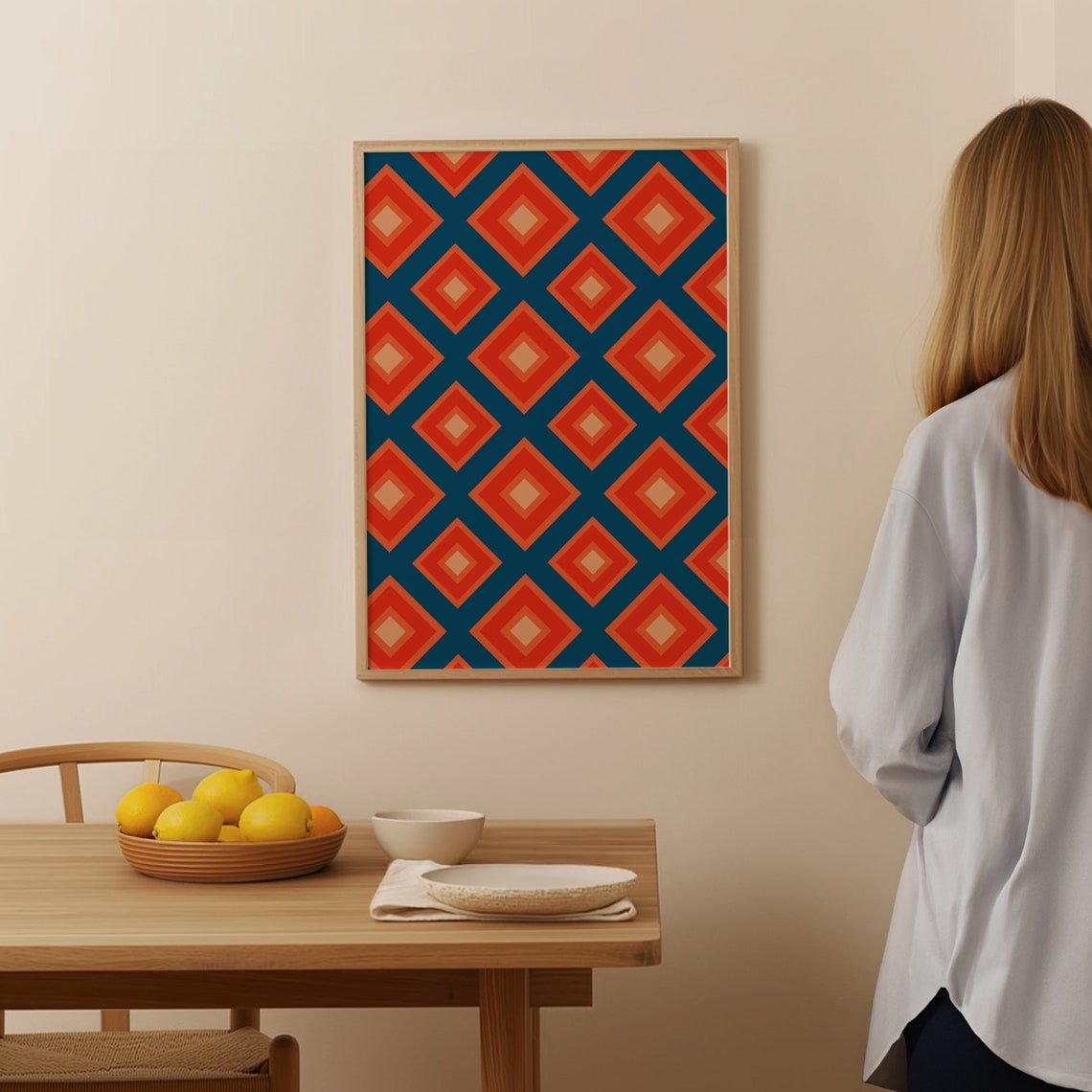 Bold Retro 70s Geometric Diamond Pattern Orange Blue Decor Poster - Image 2