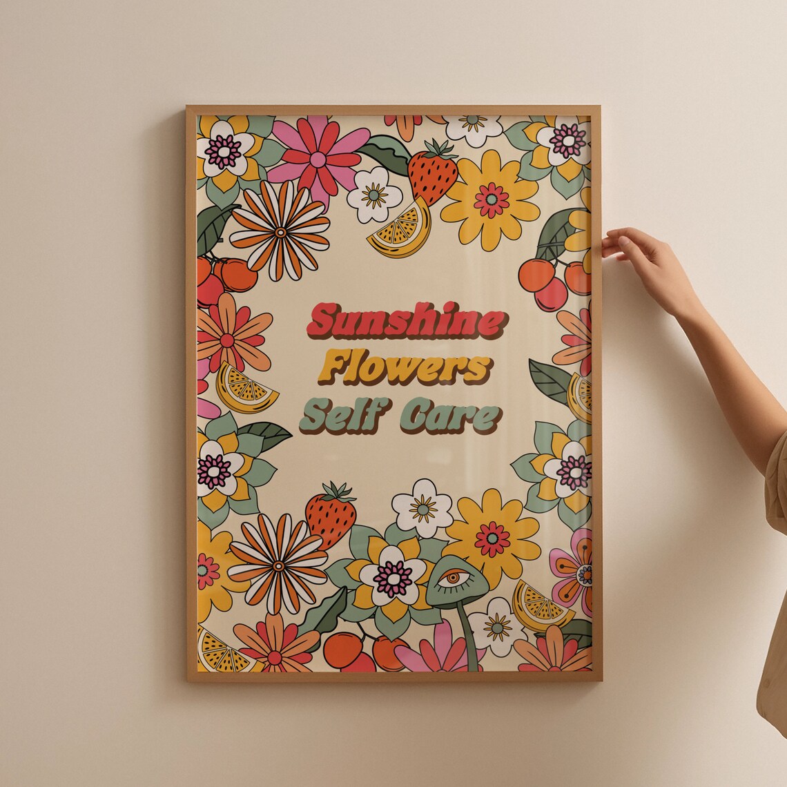 Sunshine Flowers Self Care Retro Groovy Boho Floral Quote Poster