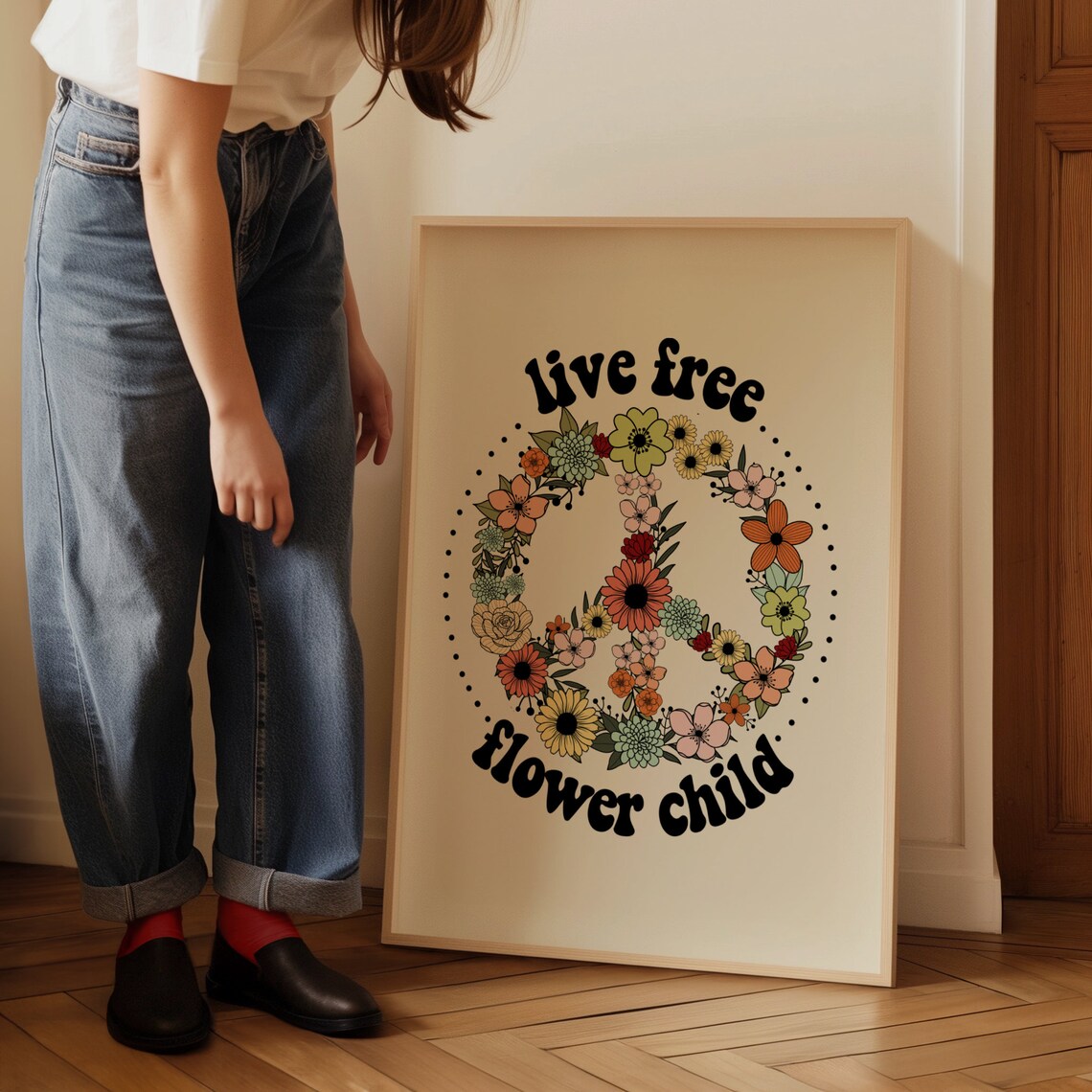 Live Free Flower Child Floral Peace Sign Retro Hippie Poster - Image 3