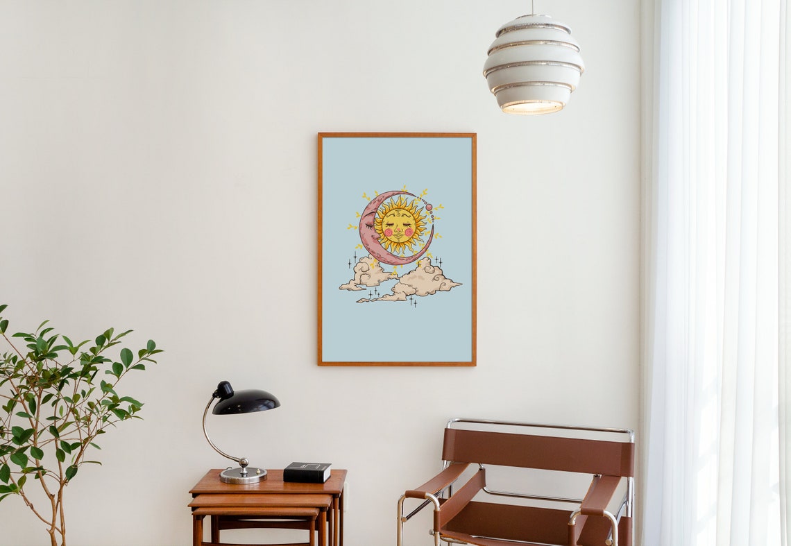 Celestial Sun Moon Faces Dreamy Vintage Witchy Hippie Art Poster - Image 2
