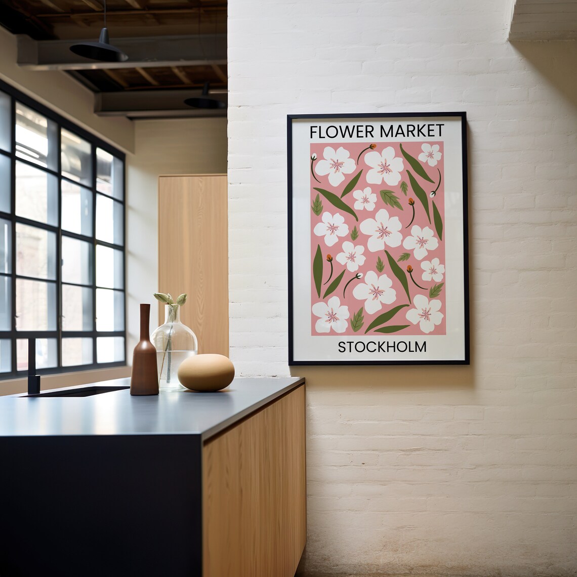 Flower Market Stockholm White Blossom Pink Floral Travel Poster - Image 2