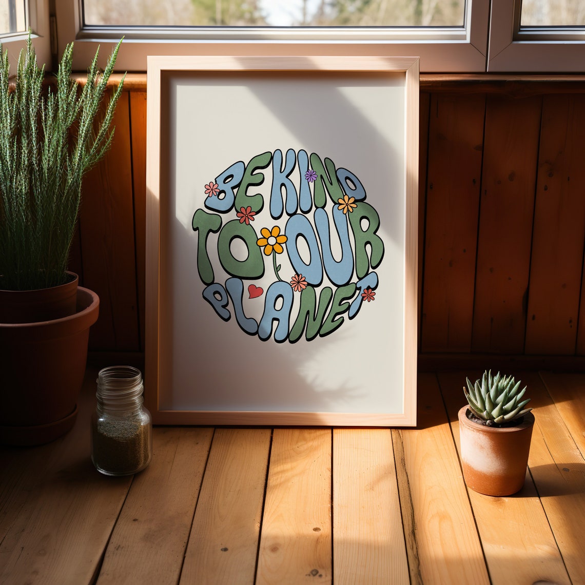 Be Kind To Our Planet Groovy Retro Earth Quote Floral Poster - Image 2