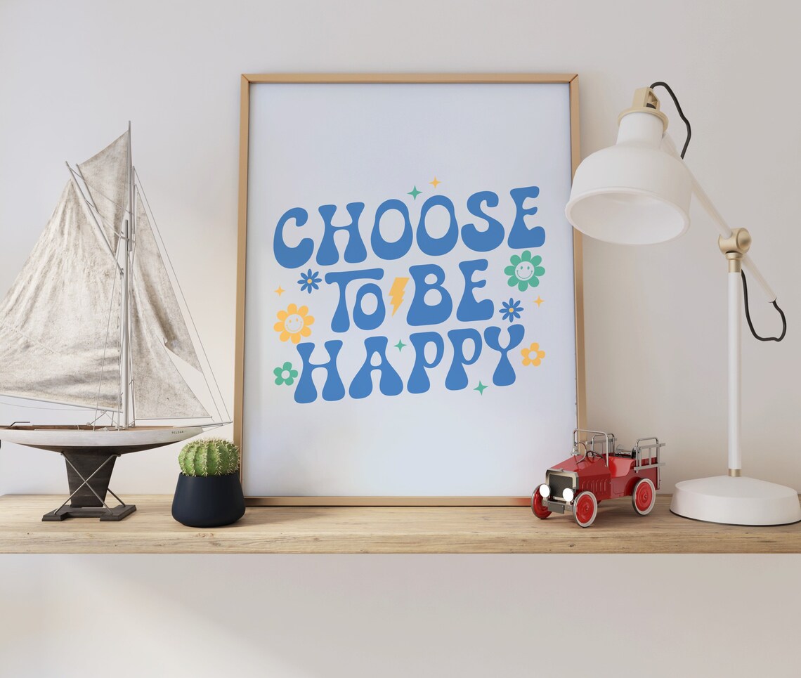 Choose To Be Happy Blue Groovy Retro Letters Happy Face Floral Poster - Image 2