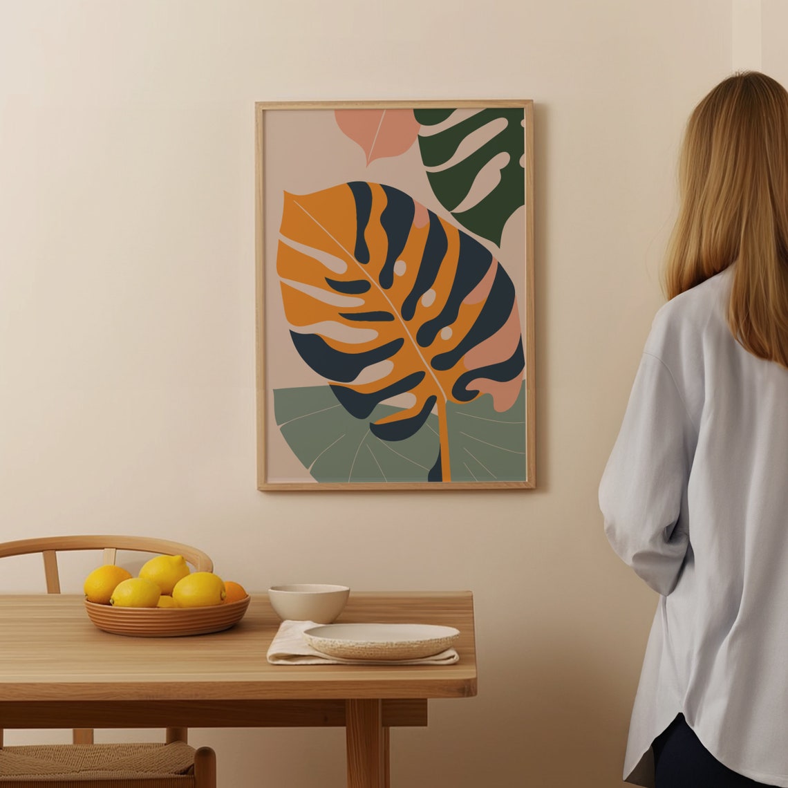 Abstract Monstera Leaves Orange Navy Boho Botanical Wall Poster - Image 4