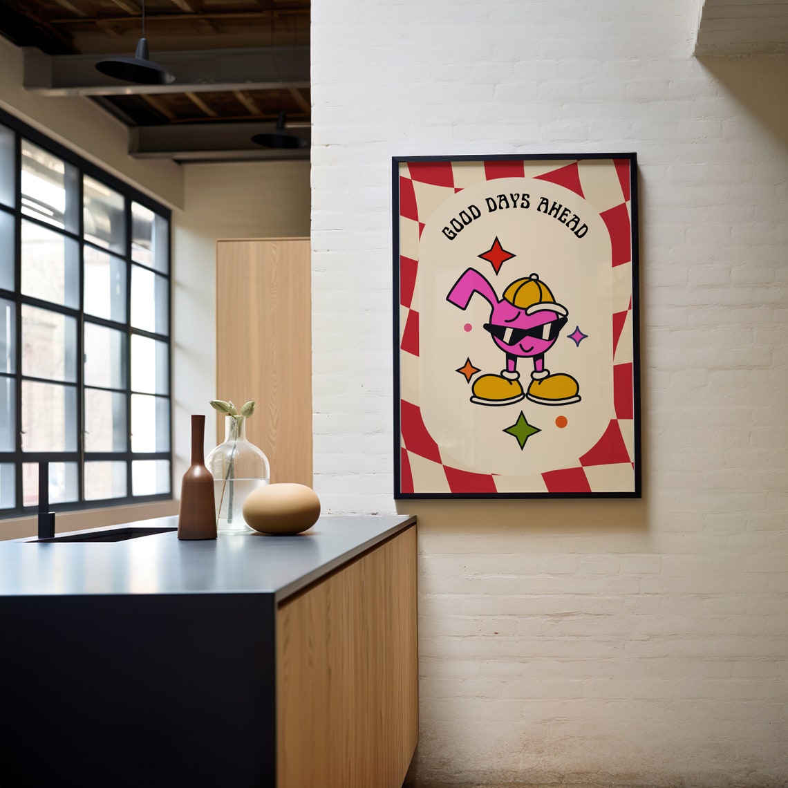 Good Days Ahead Retro Pink Groovy Character Checkerboard Poster - Image 4