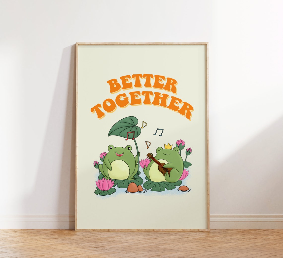 Better Together Cute Frogs Poster Retro Lily Pad Couple Wall Decor - Image 3