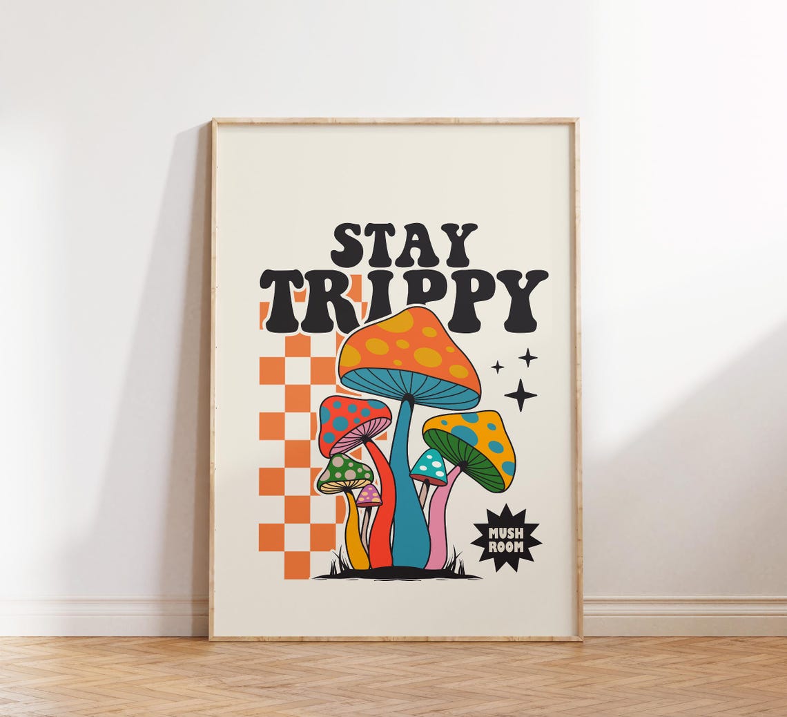 Stay Trippy Funny Retro Mushroom Checkered Psychedelic Art Poster