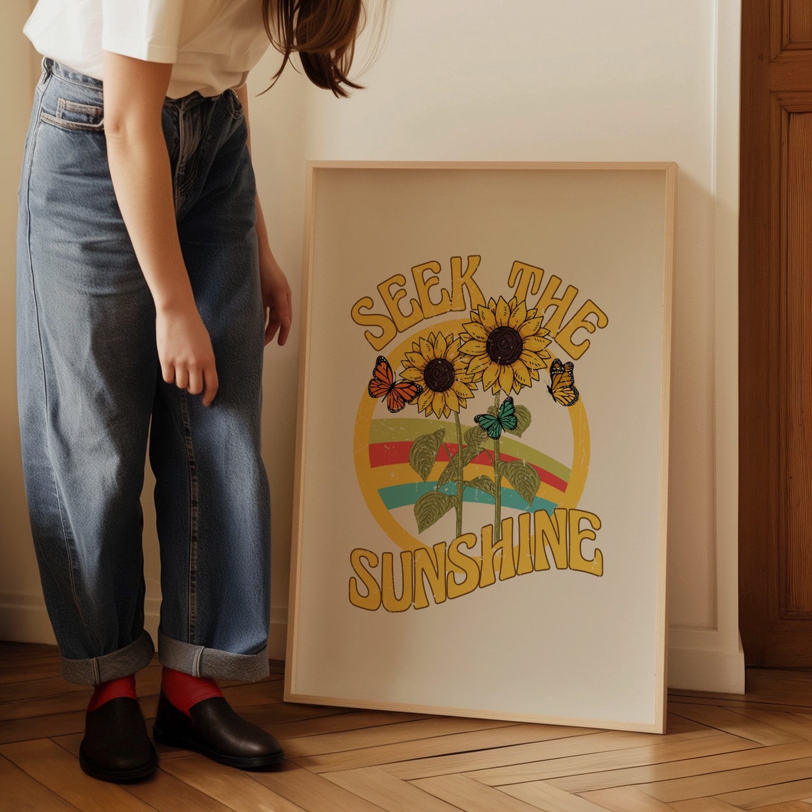 Seek The Sunshine Retro Sunflower Butterfly Groovy Quote Poster - Image 2