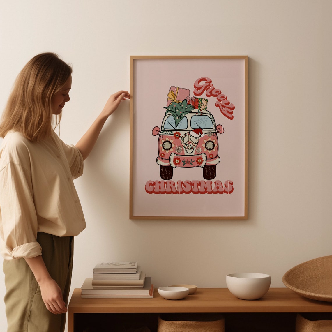 Groovy Christmas Pink Camper Van Poster Retro Holiday Flower Power - Image 3