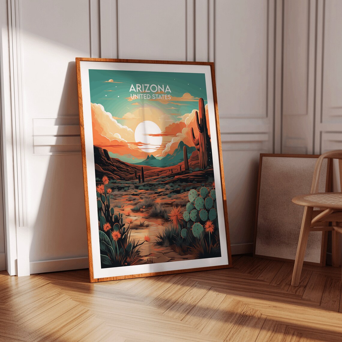 Arizona United States Teal Orange Cactus Garden Sunset Travel Poster - Image 2