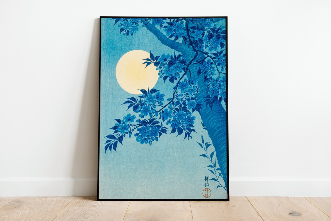 Japanese Cherry Blossom Night With Full Moon Vintage Woodblock Print