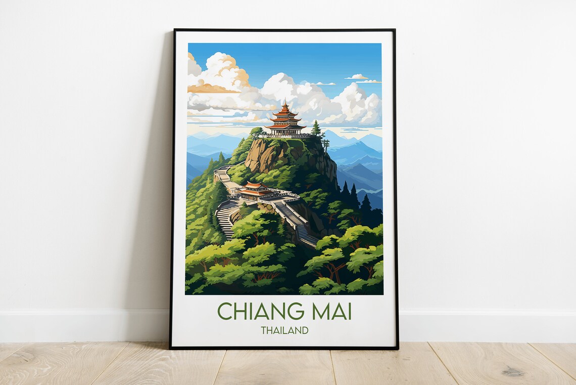 Chiang Mai Thailand Hilltop Temple Mountain View Travel Poster