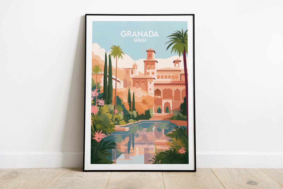 Beautiful Granada Spain Alhambra Palace Gardens Vintage Travel Poster