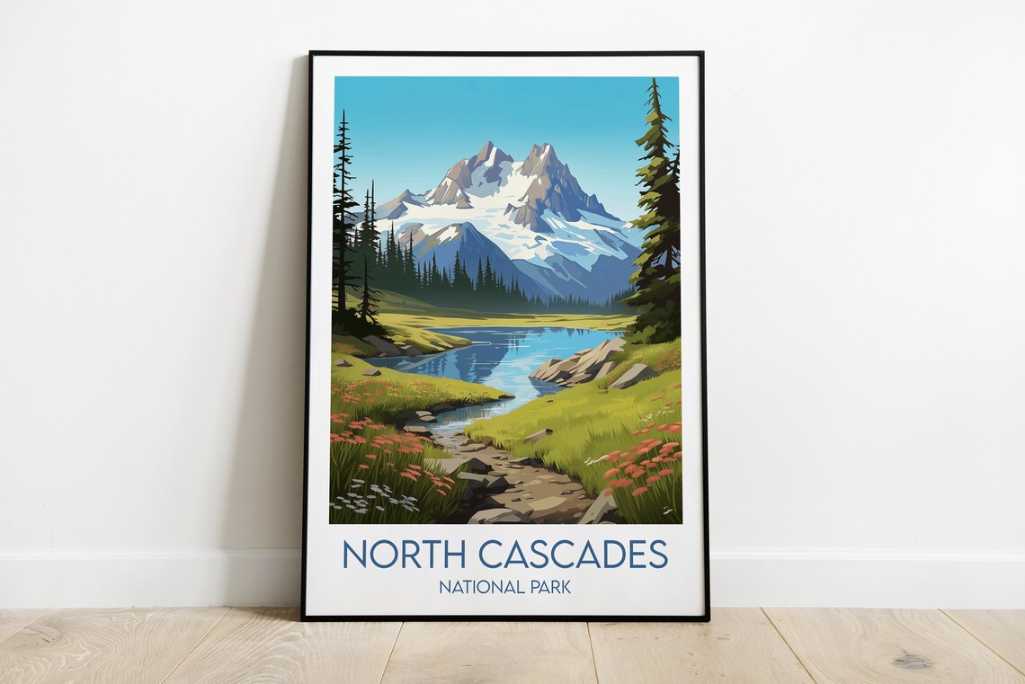 North Cascades National Park Alpine Lake Retro Travel Poster