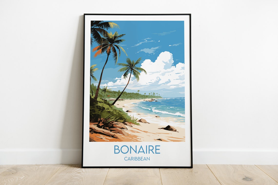 Bonaire Caribbean White Sand Beach Palms Tropical Travel Poster