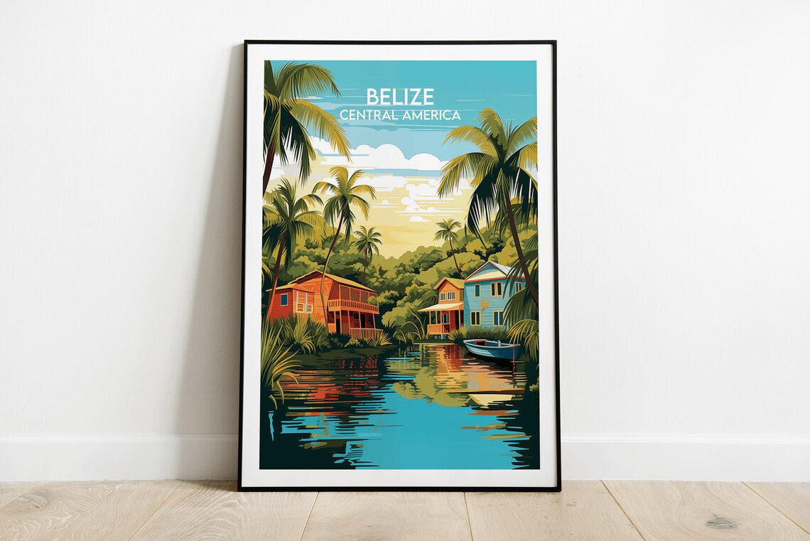 Belize Central America Palm Lagoon Waterfront Homes Travel Poster