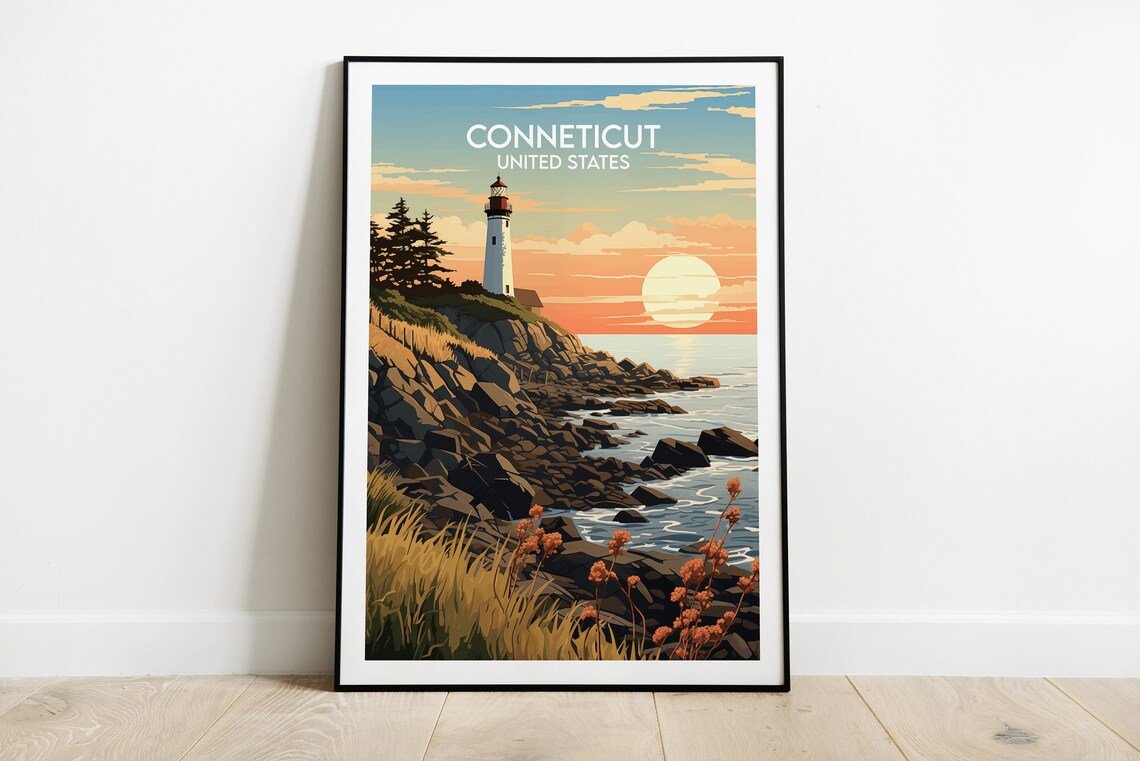 Connecticut United States Lighthouse Rocky Coast Sunset Travel Poster